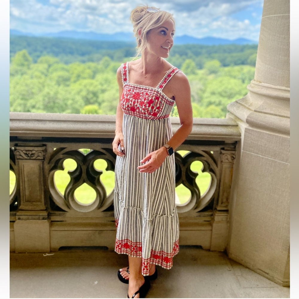 Kate Spade Broom Street XS XXS 0 2 White Striped Midi Dress Red Embroidered